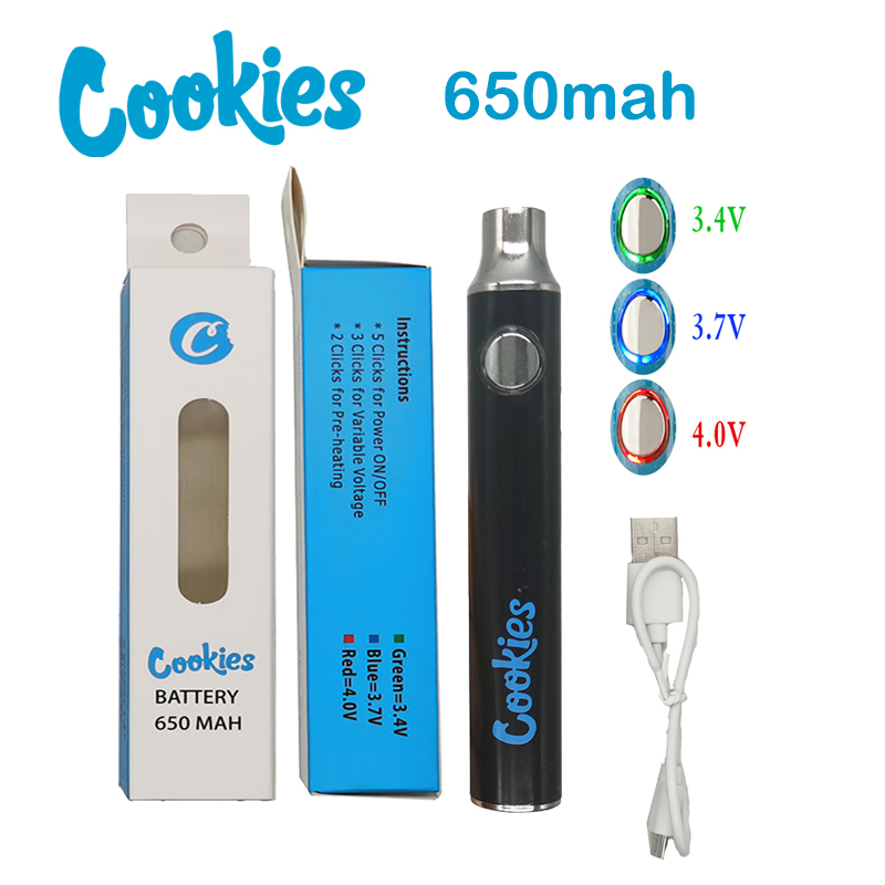 

Cookies Battery 650mah Vape Pen Rechargeable Batteries 510 Thread with USB Cable Box Packaging Instock Disposable Vapes Cartridges E Cigarette
