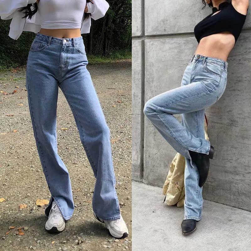 

Ins Blogger Wash High Waist Split Jeans Women's Wide Leg Floor Long Pants Metal Button Decoration Casual Leisure Trouser 210602, Dark blue