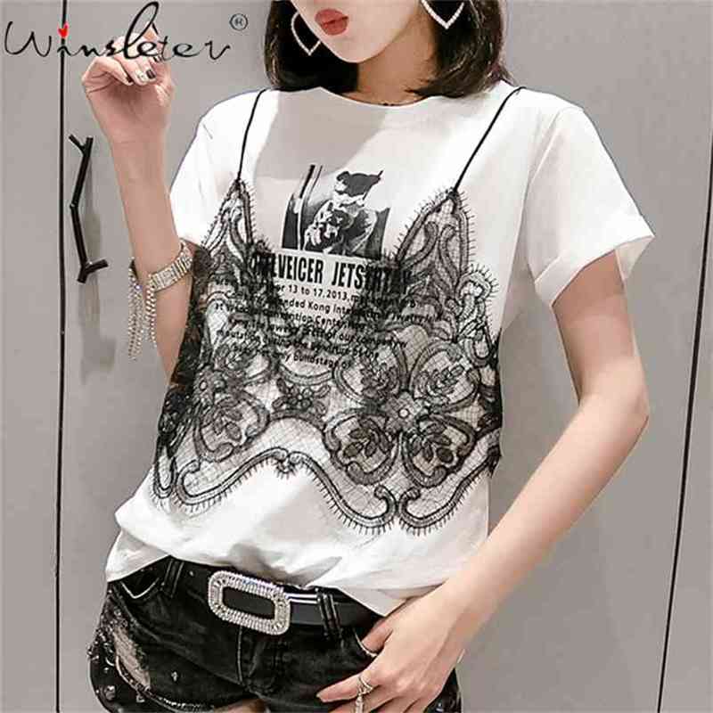 

Women T Shirt Arrival Short Sleeve Tops Cotton Fake Two Pieces Tshirts Summer Casual Fashion Lace Tee Plus-size 3XL T05309B 210708, White tshirt
