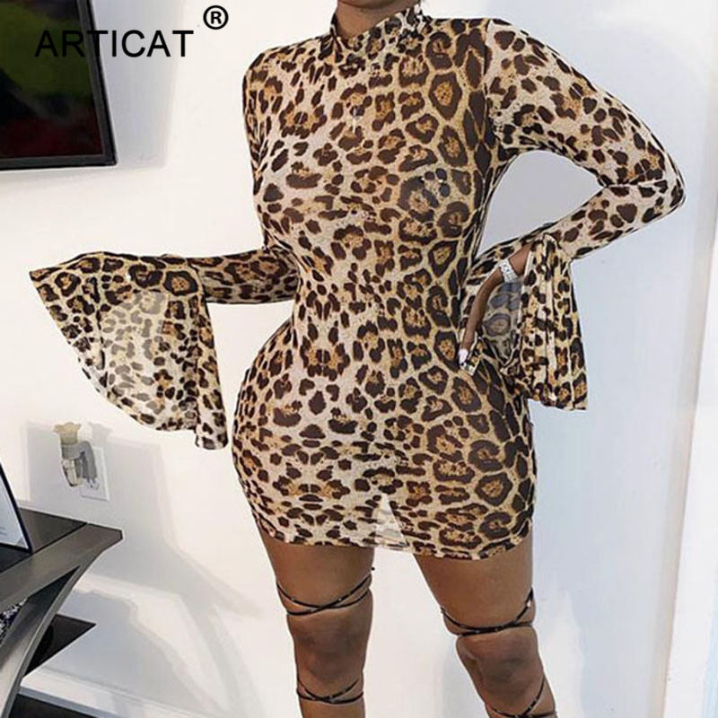 

leopard long flare sleeve bodycon dress women o neck skinny short dresses slim autumn club party vestidos femalehigh quality, Black;gray