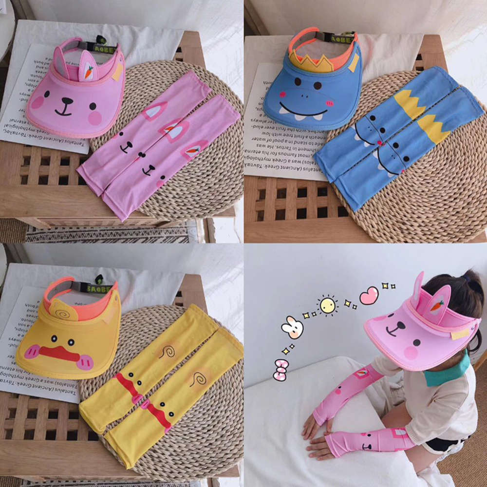 

Children's cartoon dinosaur empty top hat Summer Boys and girls Big Brim Sun Visor baby ice sleeve suit, Yellow