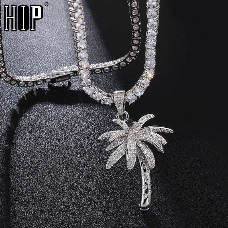 

Hip Hop Bling Iced Out Micro Paved CZ Palm Tree Pendants & Necklaces For Men Rapper Jewelry With Tennis Chain X0707