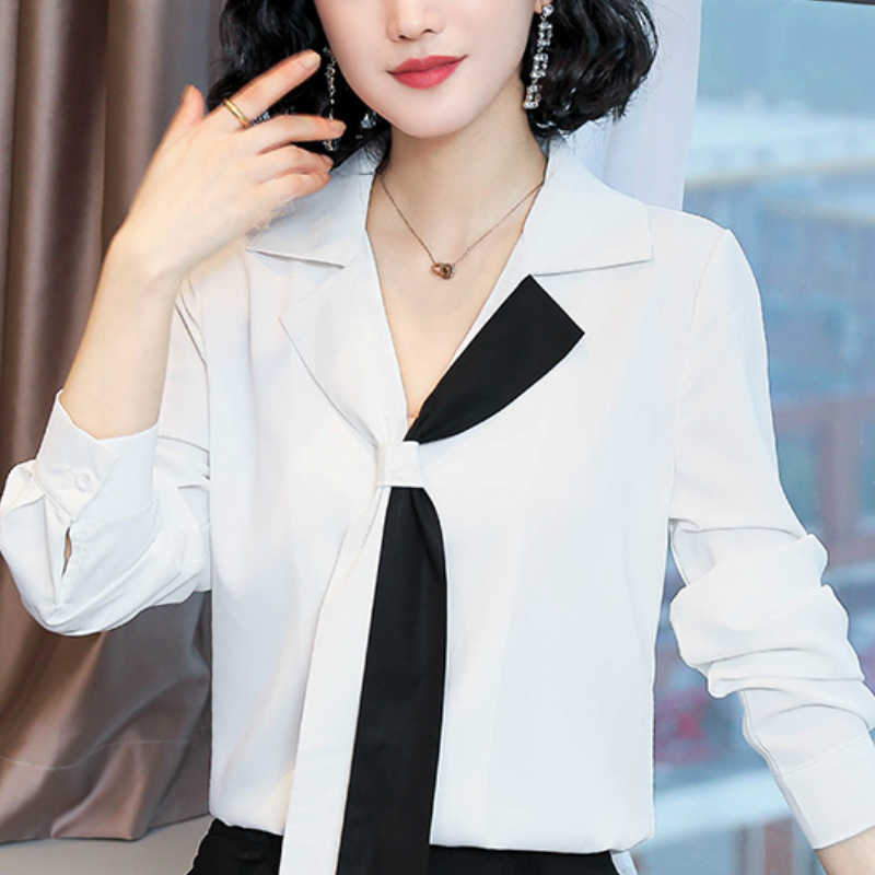 

Blusas Mujer De Moda Chiffon Blouse Shirt Women Clothes Long Sleeve Blouse Women Bow V-neck Office Blouse Women Tops C581 210602, White