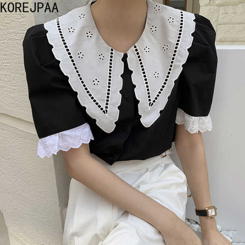 

Korejpaa Girl Shirt Summer Korea Chic Retro Age-Reducing Doll Collar Hollow Crochet Hit Color Stitching Short-Sleeve Blouse 210526, White