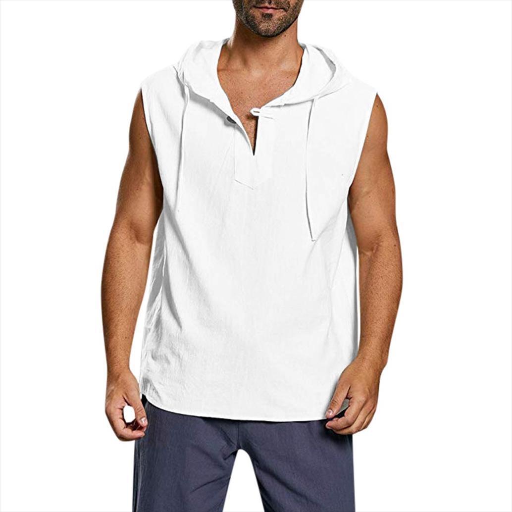 

summer sports tank men cotton linen sleeveless hooded shirt for clothing, White;black