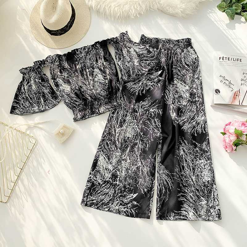 

Women's Summer Two Piece Women Vintage Printed Chiffon Suits Womans Sexy Slash Neck + Loose Wide Leg Pants Beach 2 Pcs Sets Twinset