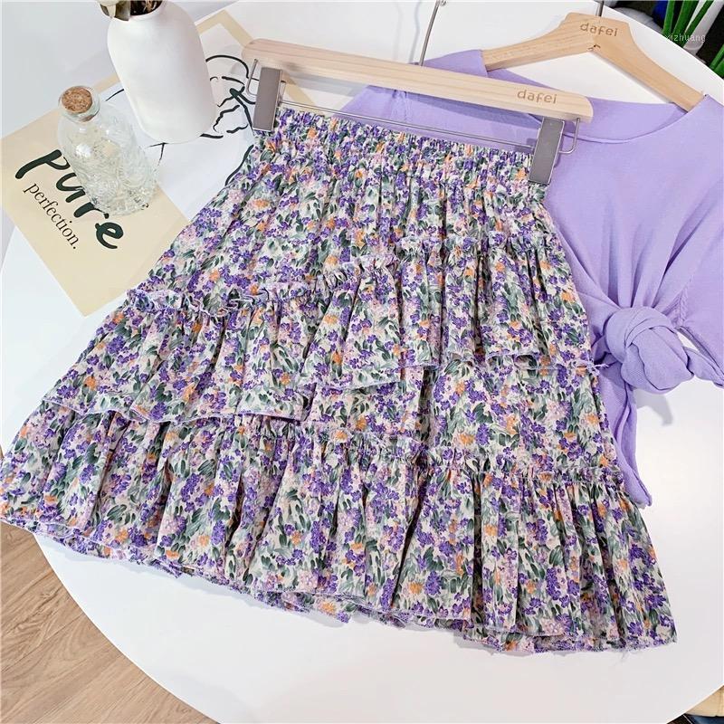 

Skirts Floral Printed Chiffon Short For Women Elastic Waist Summer Casual Ruffles Sweet Ladies Printing Chic Mini Skirt, Pink