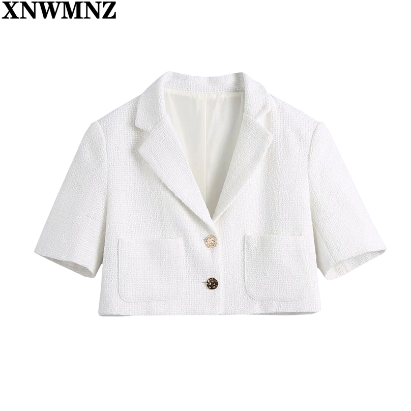 

Fashion women White cropped blazer woman lapel collar short sleeves blazers Coat Female Outerwear Chic Tops 210520