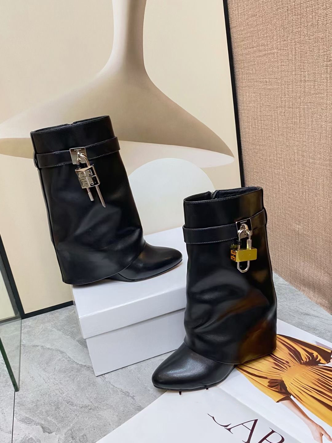 

SHARK LOCK Fashion Big Size 35-40 Women Knee High Boots Cow Leather Platform Winter Shoes Woman flat heel Warm Fur High Long Bootss Ins, Red