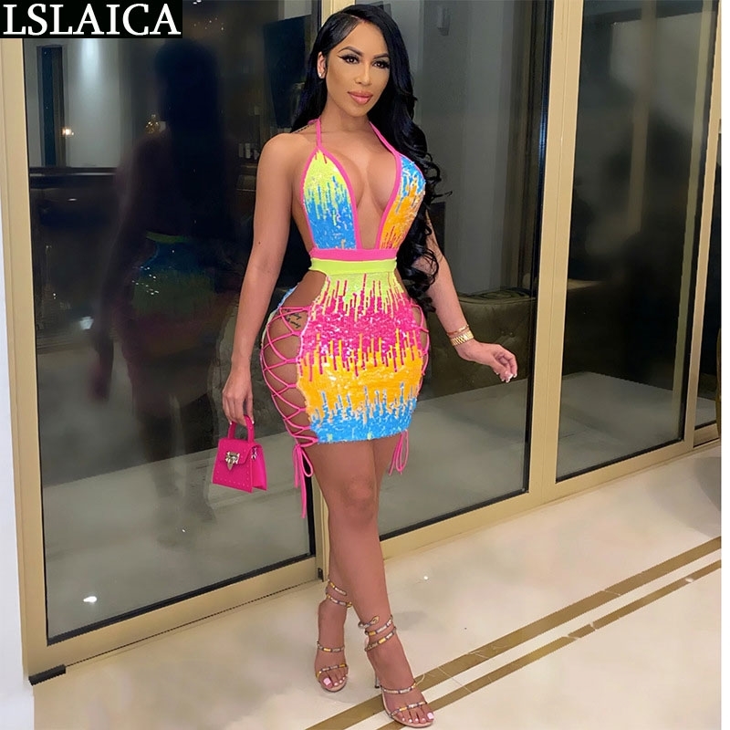 

Plus Size Sexy Dress Colorful Sequin Suspenders Deep V Neck Backless Strappy Skinny & Club One Step Skirt 210520, Multi