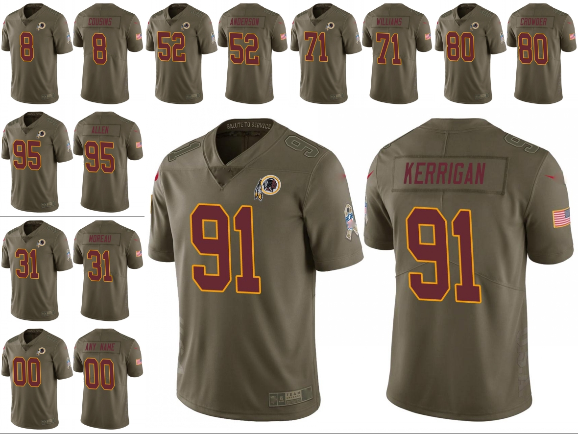 

WashingtonRedskinsMen #8 Kirk Cousins 91 Ryan Kerrigan 71 Trent Williams Custom Women Youth Salute to Service Olive Jersey, Black