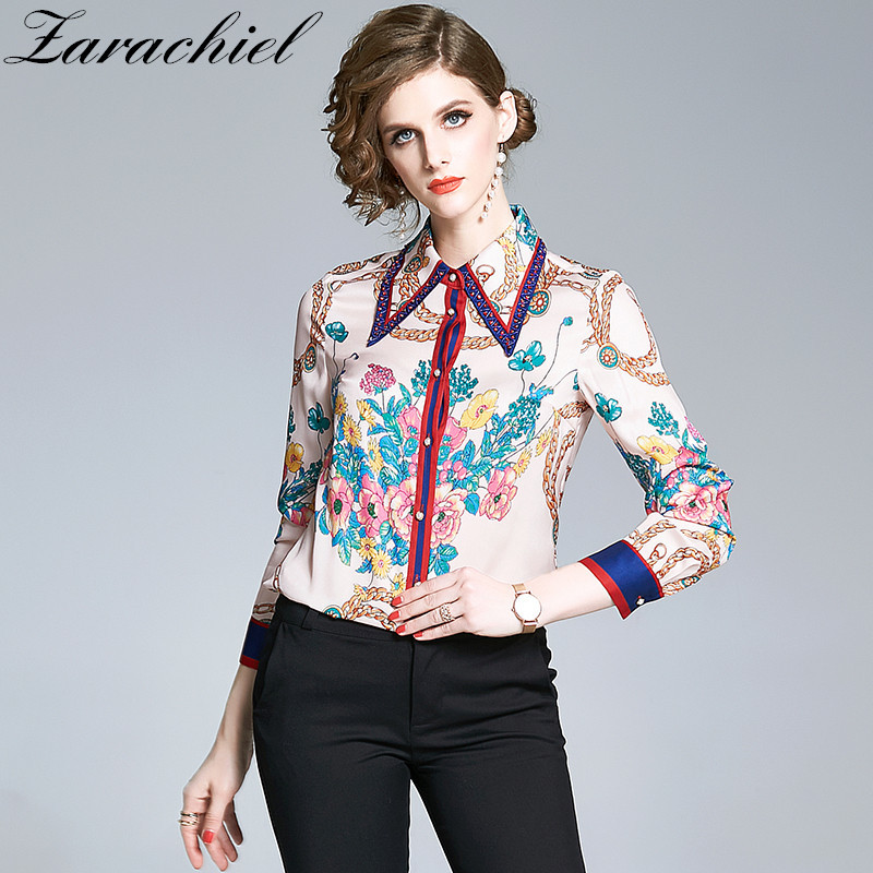 

Spring Autumn Elegant Women Blouse Vintage Chain Flower Print Long Sleeve Shirts Female Streetwear Runway Designer Tops 210416, Picture color