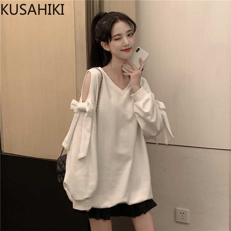 

KUSAHIKI Korean Bowknot Strapless Long Sleeve Pullover Sweatshirt Causal O-neck Solid Hoodies Spring Top Jumper 6F410 210602, White