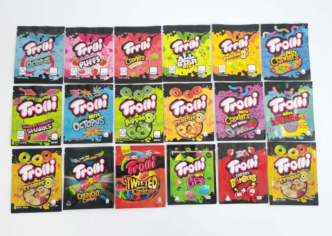 

12 Type mylar bag trolli trrlli Errlli edibles Gummies packaging smell proof resealable zipper pouch 600mg custom logo RUNTZ