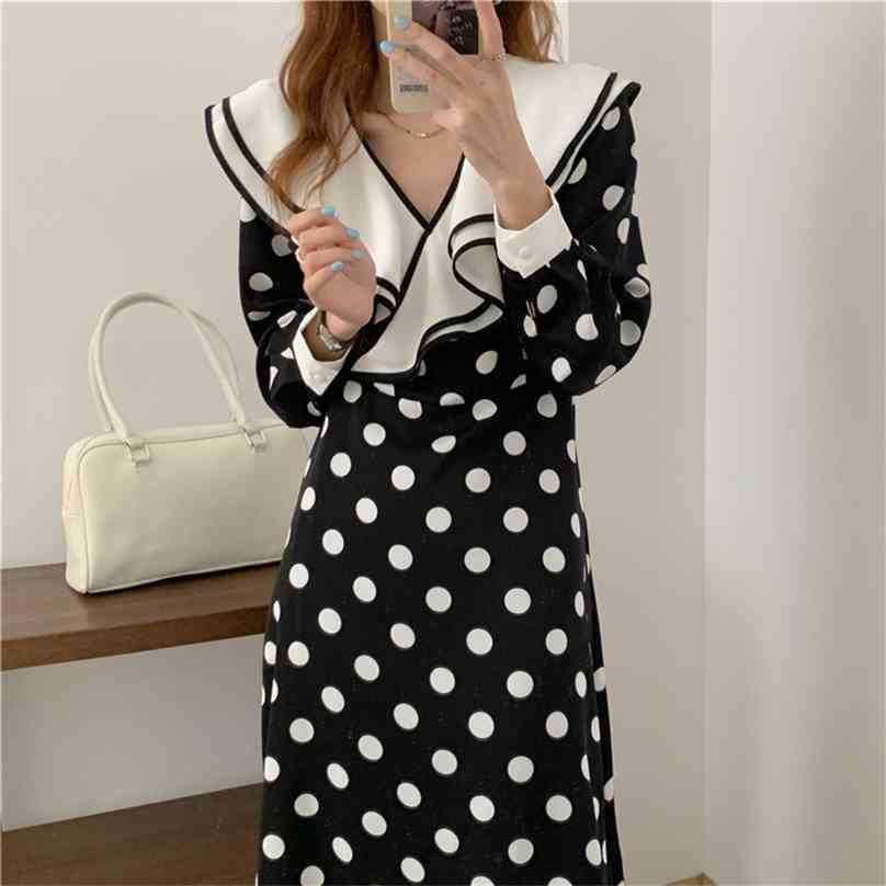 

Summer Women Chiffon Gentle Long Dresses Dot Ruffles French Retro Loose Party Casual Chic Elegant Vestidos 210525, Photo color