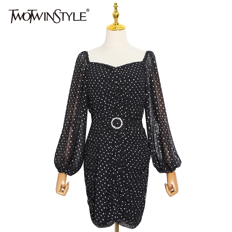 

Elegant Dot Dress For Women Square Collar Lantern Sleeve High Waist Mini Dresses Female Fashion Clothing 210520, Aspicture