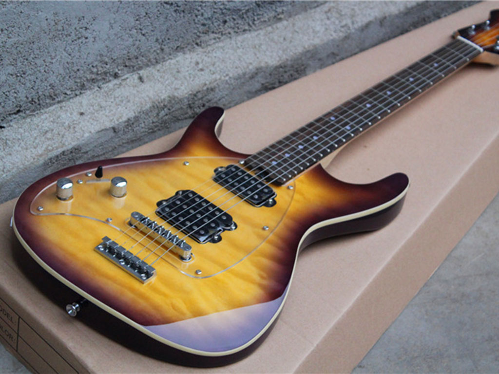 

Left hand electric guitar fixed bridge 5 pickups purple ring yellow plexiglass guard plate