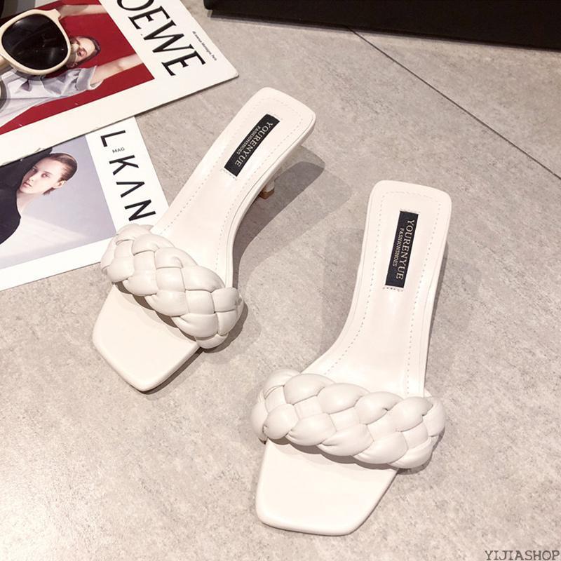 

Woman Sandals Year Summer Thin High Heels Woven Square Toe Slippers Ladies Sexy Leather Shoes Larg, Khaki without rope