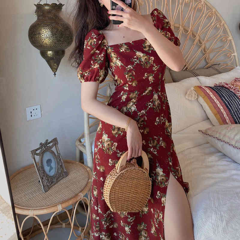 

Women Drawstring Split Square Collar Midi Dress Vintage Floral Print Boho Elegant Ladies Short Sleeve Vestidos 210517, Black