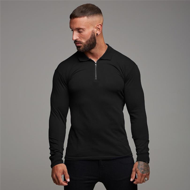 

shirt long sleeve solid color men polo shirts zipper slim turn down collar autumn gym bodybuilding fitness poloshirt, White;black
