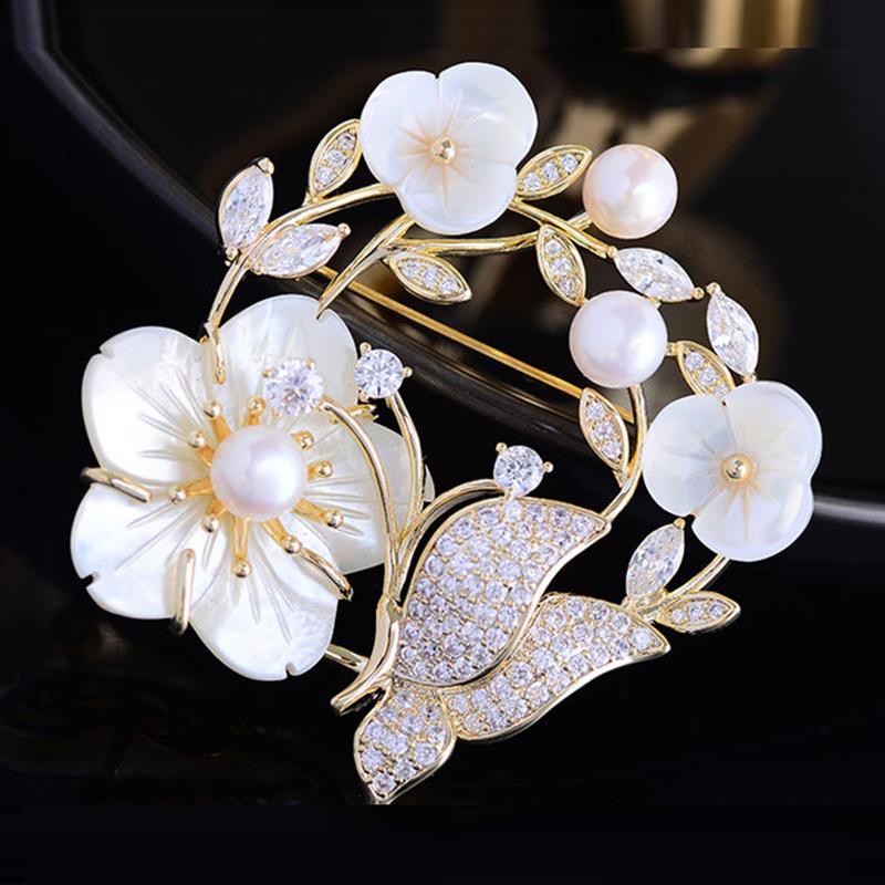 

Pins, Brooches OKILY Beautiful Shell Flower Brooch Pins For Women Wintersweet Wedding Bridal Butterfly Wreat Pearl Dress Jewelry, Gray