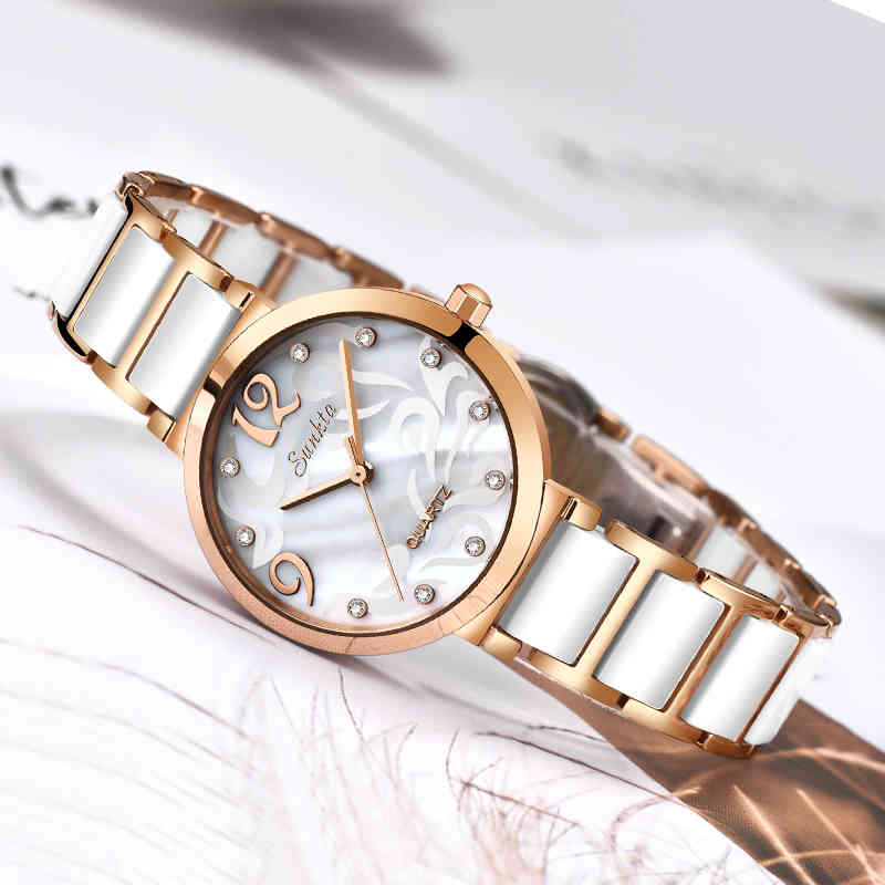 

SUNKTA Ladies High Quality Quartz Ceramic Bracelet Female Clock Women Watch Top Luxury Brand Fashion Women's Watches Girl Gift 210517, Leather strap brown