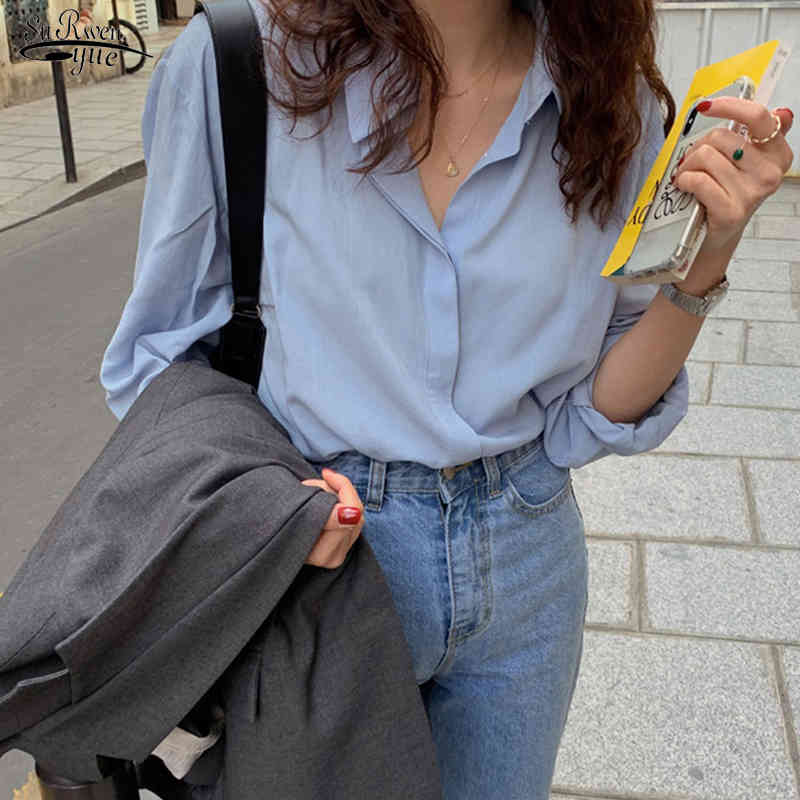 

Spring Summer Loose Single-breasted Blue Women Blouses Casual Blusas Femme Turn-down Neck Full Sleeve Female Shirts Tops 13050 210521, Picture