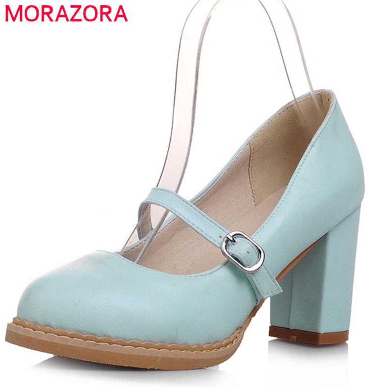 

Dress Shoes MORAZORA 2021 Pumps Women High Heels Round Toe Shallow Slip On Square Heel Solid Elegant Ladies, Black