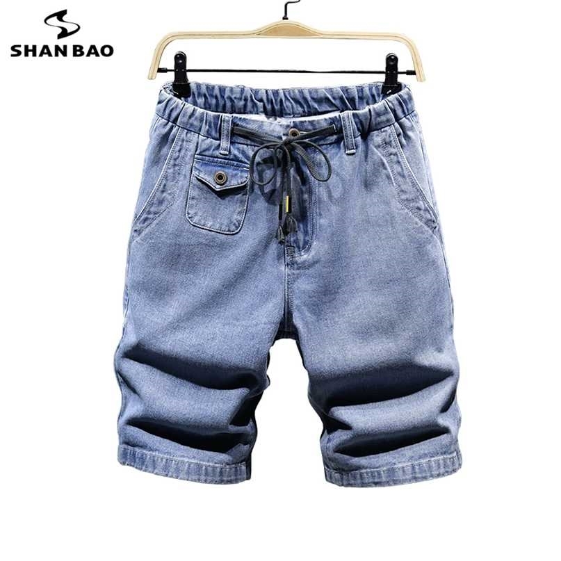 

Summer Straight Loose Lightweight Denim Shorts Classic Style Pocket Elastic Waist Men's Large Size Thin Jeans 5XL 6XL 7XL 211108, Blue