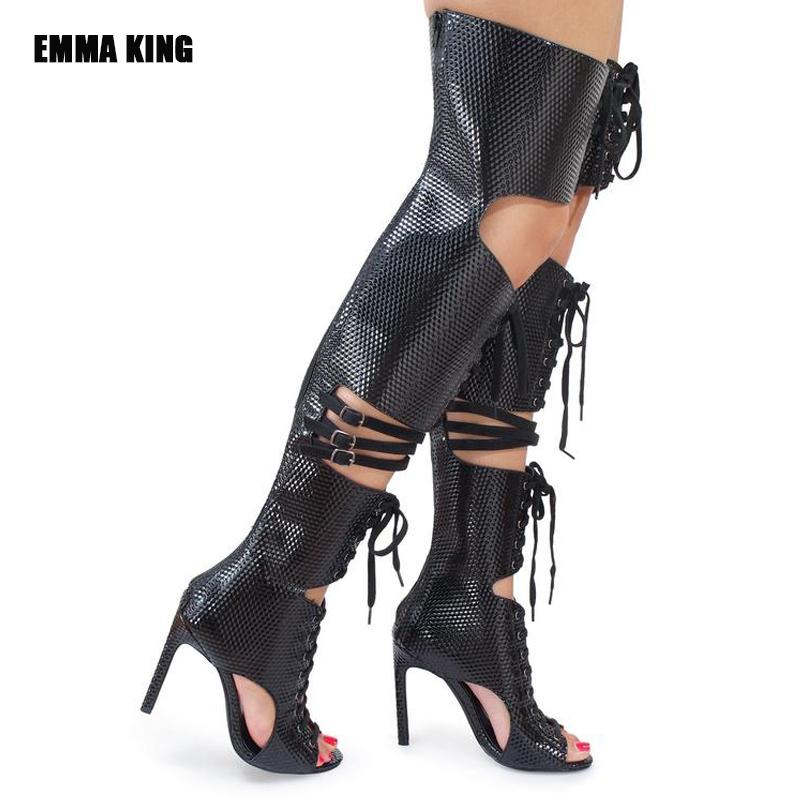 

Boots 2021 Summer Lady Fashion Cross Tied Knee High Sexy Hollow Out Women's Sandals Patckwork Thin Heel Long, Black