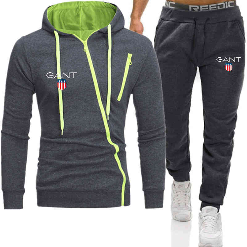 

Autumn and winter new fashion brand Gant printed diagonal zipper Hoodie set, Black