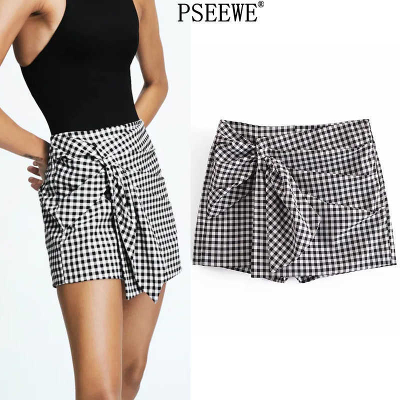 

Women' Skort Za Black White Plaid High Waist Short Skirt Woman Fashion Gingham Front Knot Casual Summer Shorts 210607