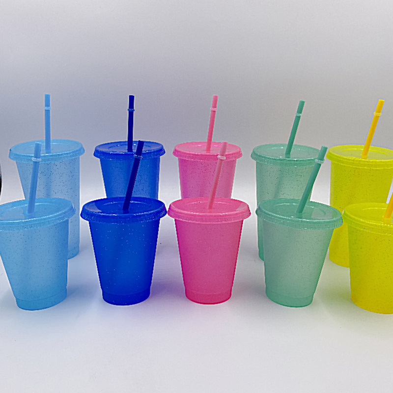 

5pcs 16oz Sequins Plastic Tumbler Reusable Clear Drinking Flat Bottom Cup Pillar Shape Lid Straw Mug Bardian