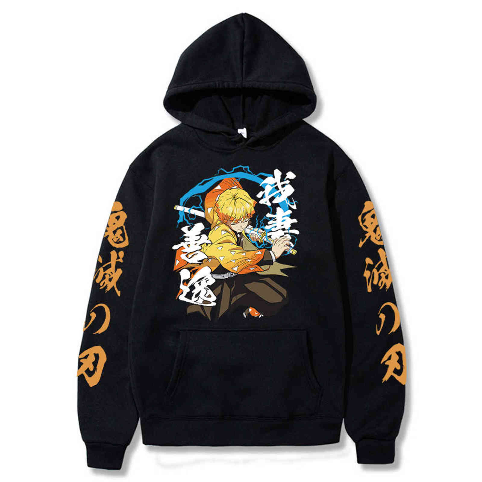 

2021 Anime Demon Slayer Hoodie Men Women Agatsuma Zenitsu Sweatshirts Pullovers Tops Fashion Unisex Y1121, Black