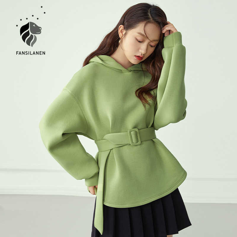 

FANSILANEN Casual streetwear green hoodie sweatshirt Women belt black oversized hoodies top Female long sleeve winter 210607
