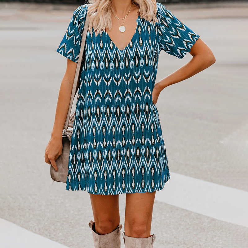 

Short Sleeve V Neck Print Mini Dres Casual Loose Streetwear Plus Size es Summer Fashion Ladies 210604, Black