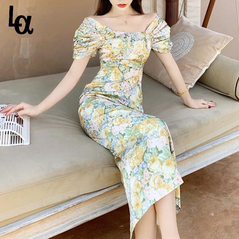 

Korean Style Floral Print Dress Sexy Elegant Sweet Off Shoulder Slim Chic Fairy Holiday Dye Kawaii Beach 210519, Yellow flower