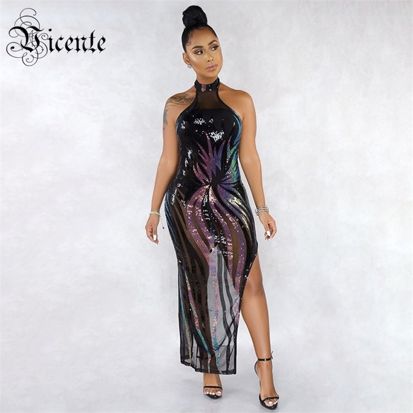 

Trendy Sparkle Sequins Design Sexy Side Split Backless Celebrity Party Maxi Long Dress 210520, Multi