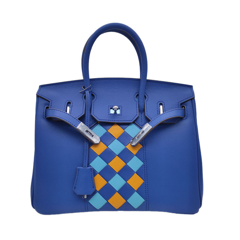 

2021 new top layer calfskin hand stitched color bag leather large capacity portable shoulder bag, Blue