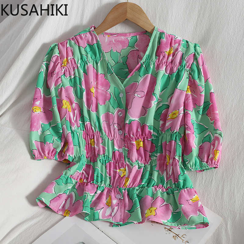 

KUSAHIKI Korean Printing Women Blouse Pleated Slim Puff Short Sleeve Shirt Causal Single Breasted V-neck Blusas De Mujer 6G826 210602, Green