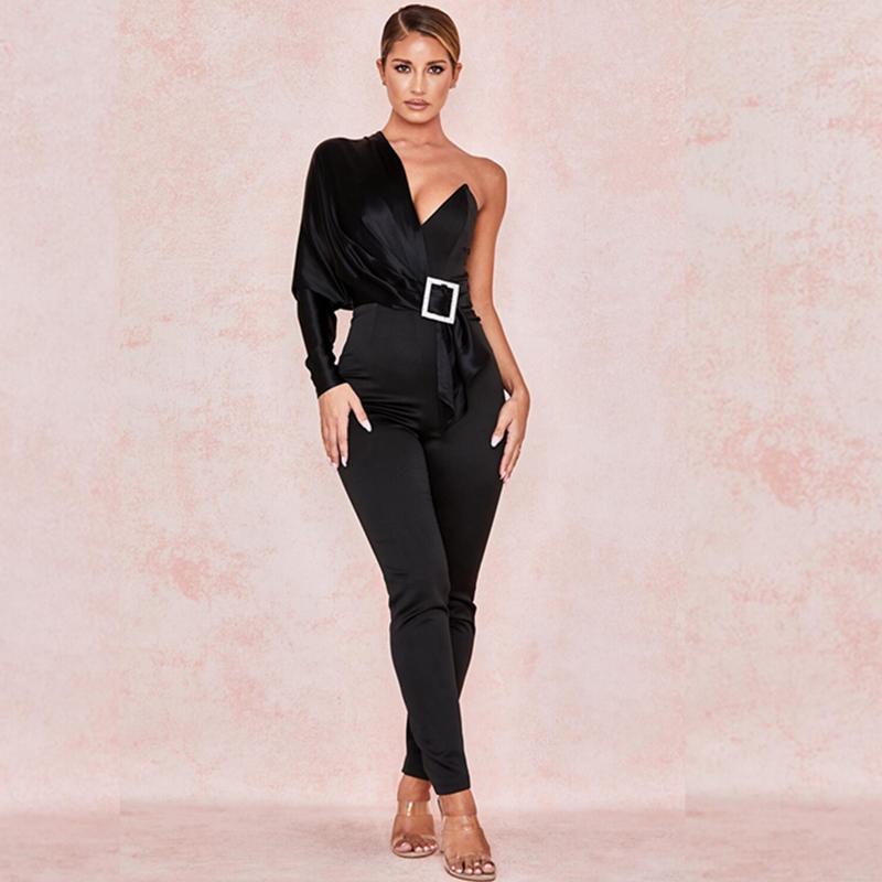 

Women's Jumpsuits & Rompers 2021 Women Fashion Jumpsuit Belt One Shoulder Sexy Clubwear Satin Black Bodycon Verano Celebrity Party Wholesale