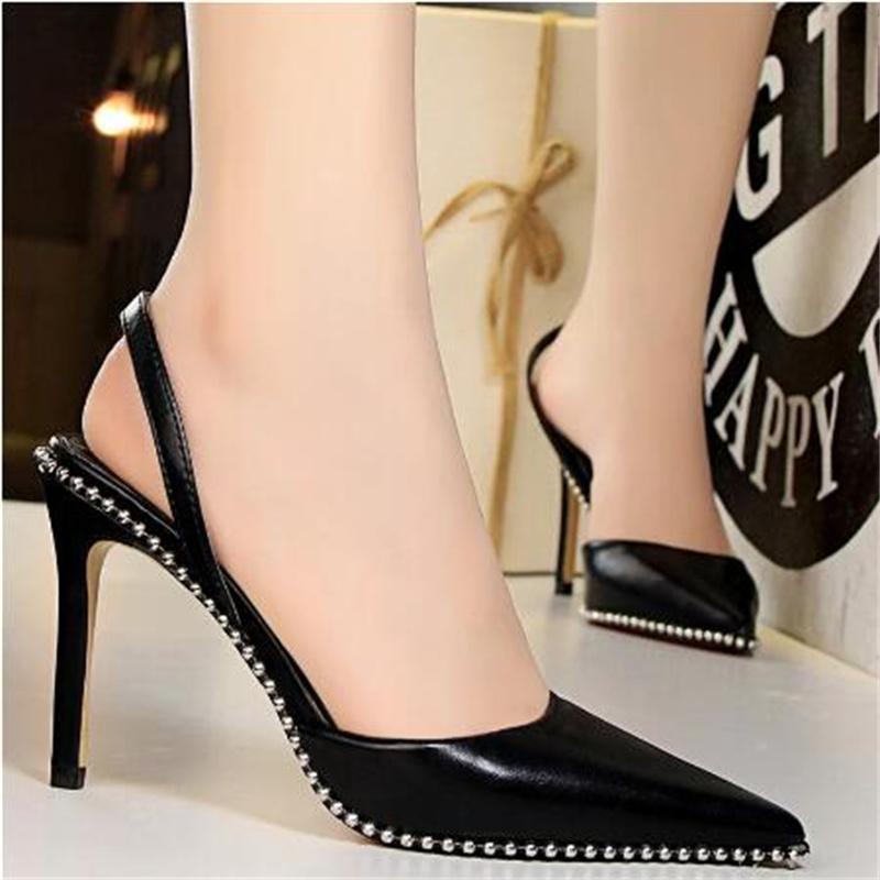 

Dress Shoes BIGTREE Rivet Woman Pumps Pointed Toe Women Heels Pu Leather High Hollow Back Strap Sandals 2021, Apricotsuede