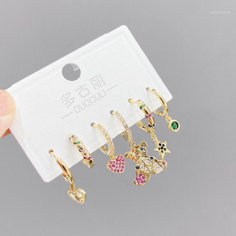 

Stud Light Luxury 1 Card 3 Pairs Korean Earrings Set For Women Micro Zircon Setting Cute Bear Star Heart Tassel Trendy 2022, Golden;silver
