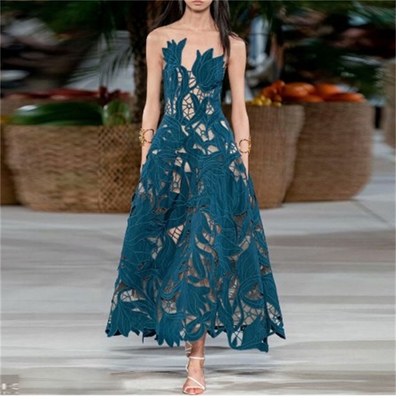 

European runway dresses 2020 summer women high quality elegant o-neck sleeveless blue lace mesh long party dress female, Black;gray