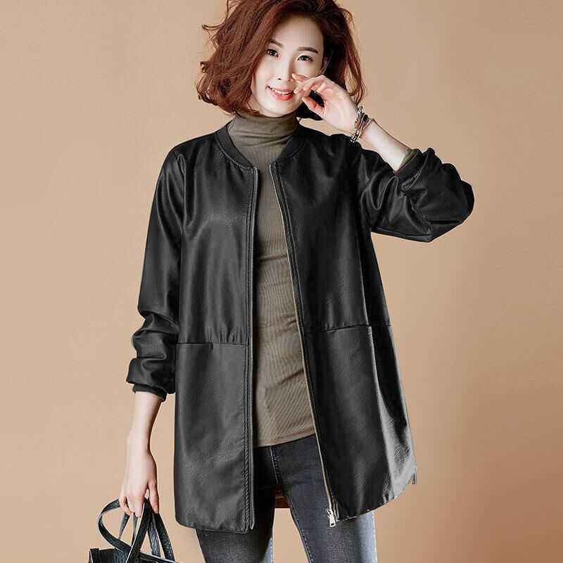 

Autumn Winter Women's Leather Jacket Casual O Neck Basic Plus Size Female Faux Coat Black Loose PU Baseball Outwear 210526