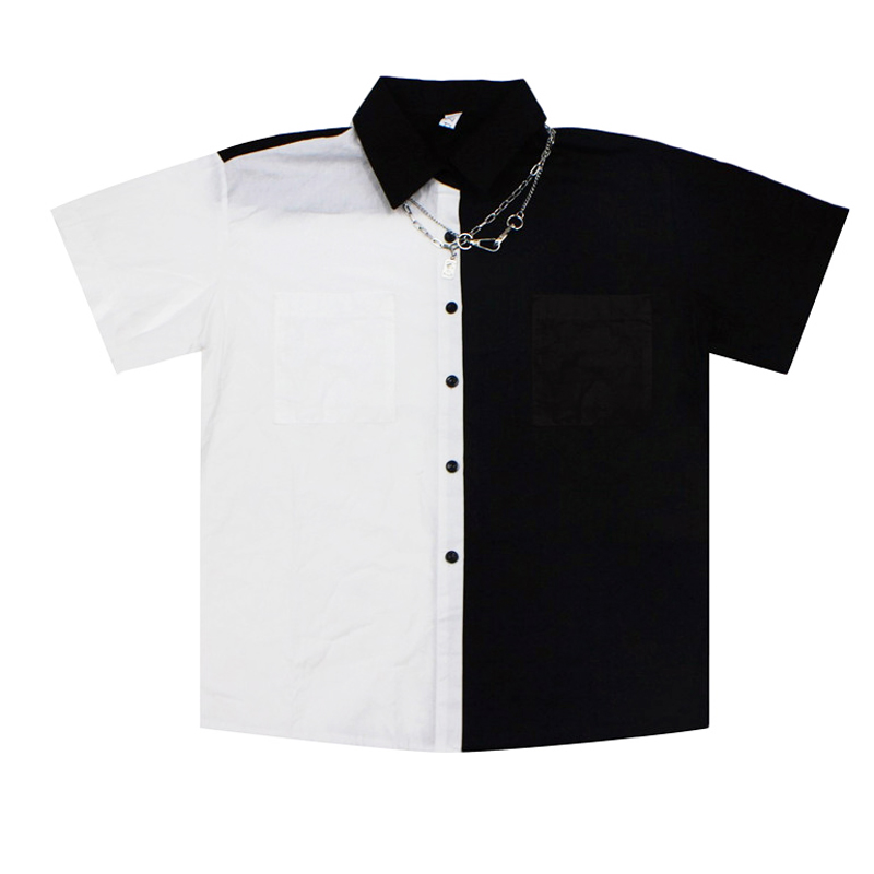 

Harajuku Black and White Shirt Female Summer Chiffon Shirt Vintage Stitching Shirt Loose Short Sleeve Blouse Women Man, No chain