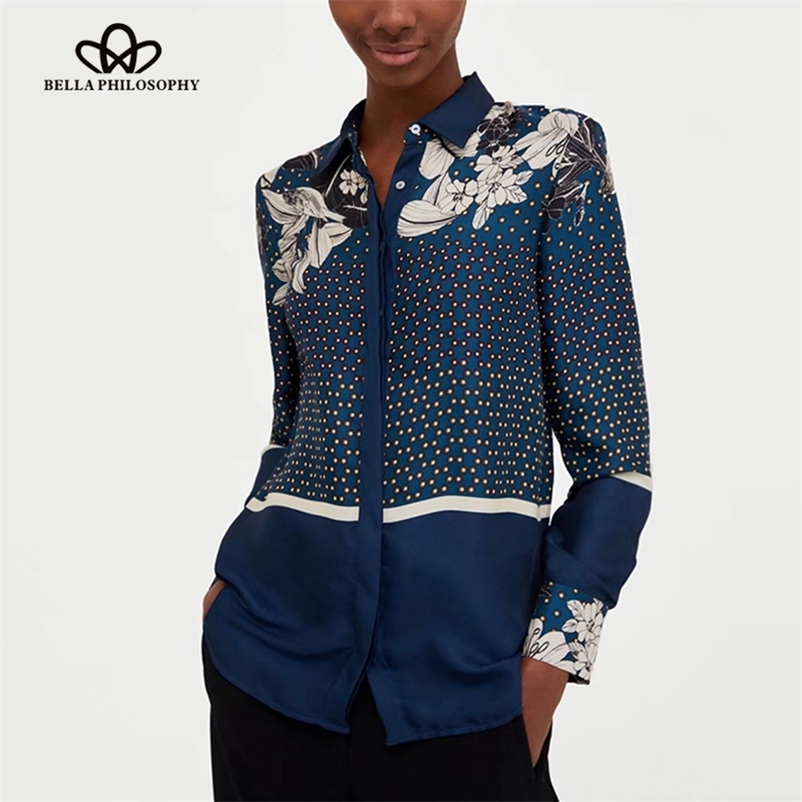 

Spring Women Vintage Blouse Print Long Sleeve Polka Dot Female Tops Floral Fashion Casual Ladies 210519, Blue