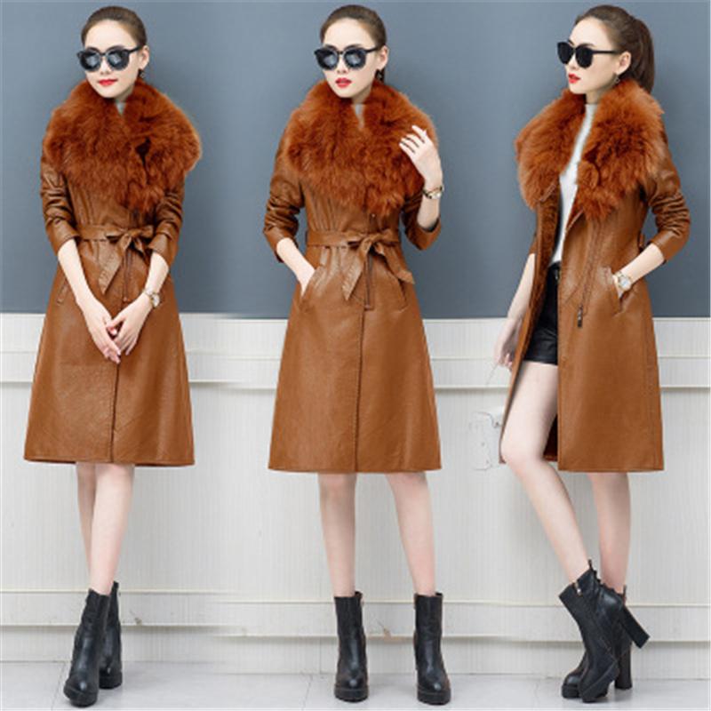 

Women's Leather & Faux Winter Plus Velvet Thick Mid-Length 2021 Fashion Style Slim Waist Big Fur Collar Jacket Tide 062, Black