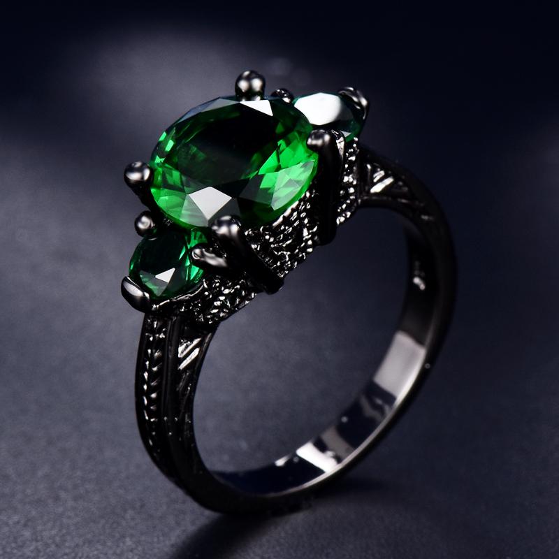 Wedding Rings Charm Male Female Green Crystal Stone Jewelry Dainty 14KT Black Gold For Women Round Zircon Engagement Ring-image-711458341