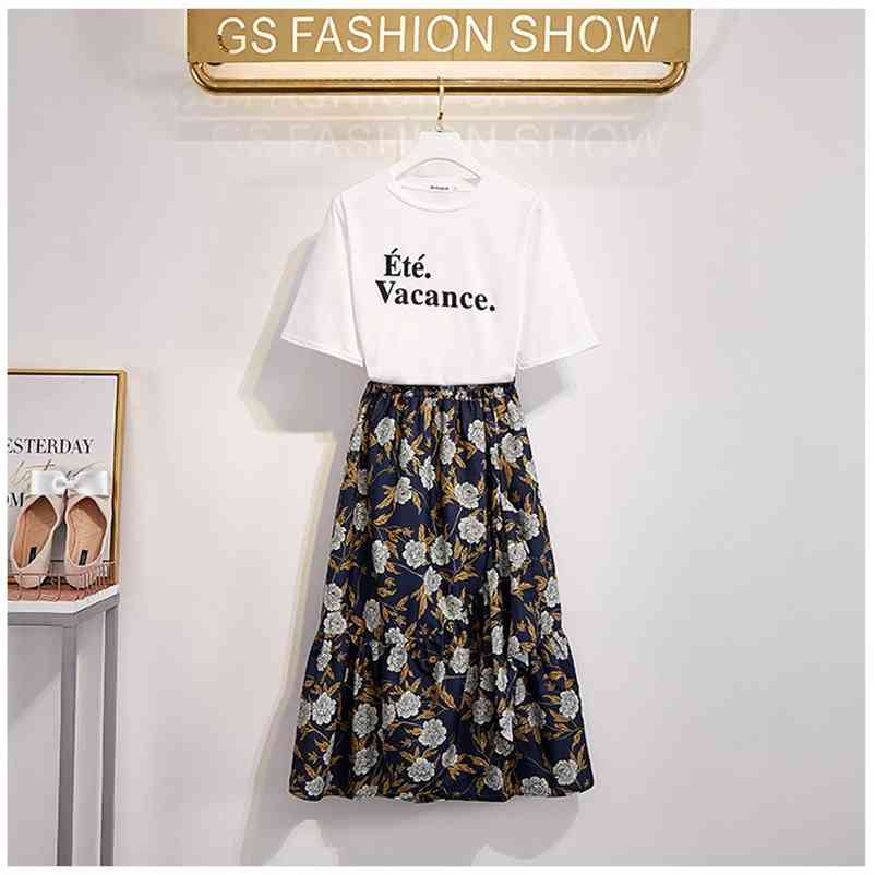 

Summer Fashion Women Casual O Neck Letter T-shirt + Floral A Line Skirt 2 pcs sets Female Holiday suits A1347 210519, White